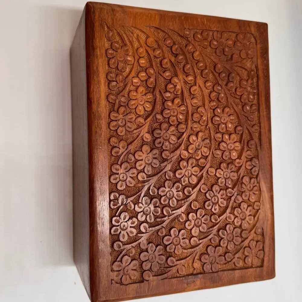 Carved Wood Floral Keepsake Box Sliding Lid Jewelry Trinket Storage 7.25 Inch